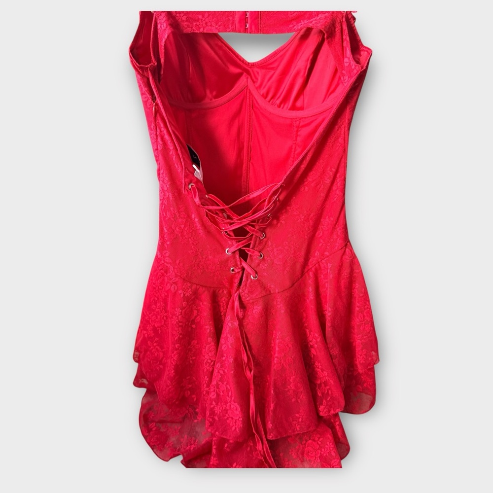 Red Lace Ruffle Mini Dress – Corset Backless Cami Dress (NWT, Size M) - Picture 6 of 12